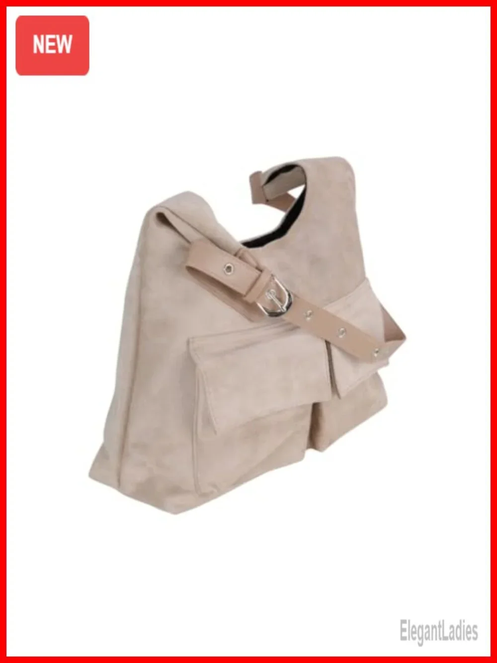 Faux Suede Tote Bag with Double Magnetic Snap Closure - Hobo Shoulder Bag